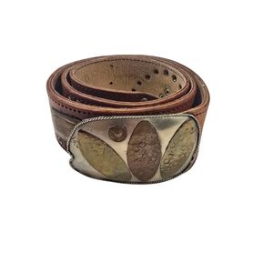 Vintage Western Handmade Metal Grommet Leather Belt w/ Brass Copper Inlays sz 37